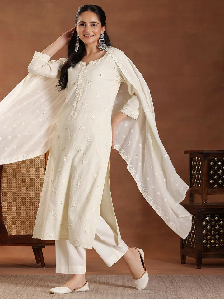 Women's LB Off White Embroidered Cotton Straight Suit With Dupatta