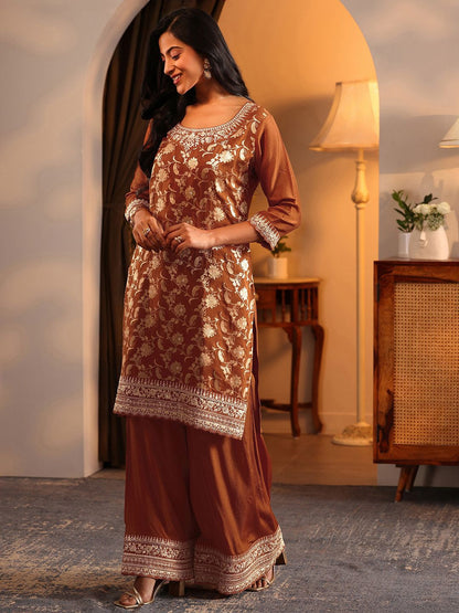 Dhiyona LL Women Floral Woven Design Thread Work Kurta with Palazzos & Dupatta