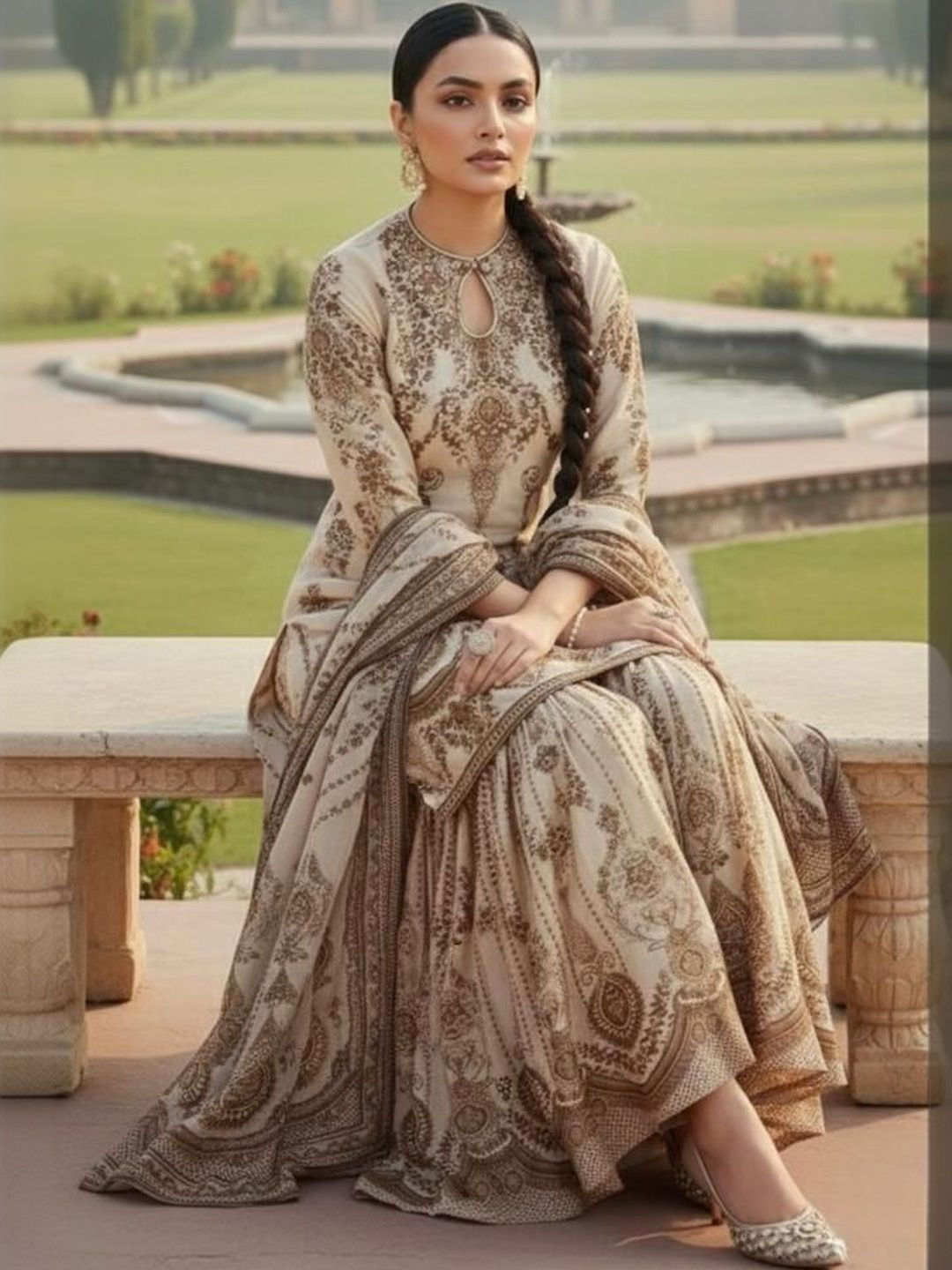 Dhiyona AN Floral Printed Keyhole Neck Straight Cotton Silk Kurta With Sharara & Dupatta