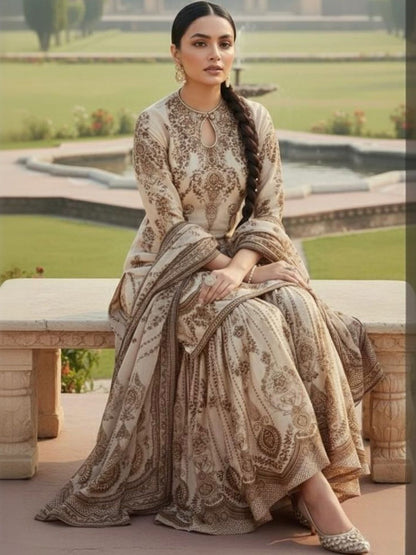 Dhiyona AN Floral Printed Keyhole Neck Straight Cotton Silk Kurta With Sharara & Dupatta