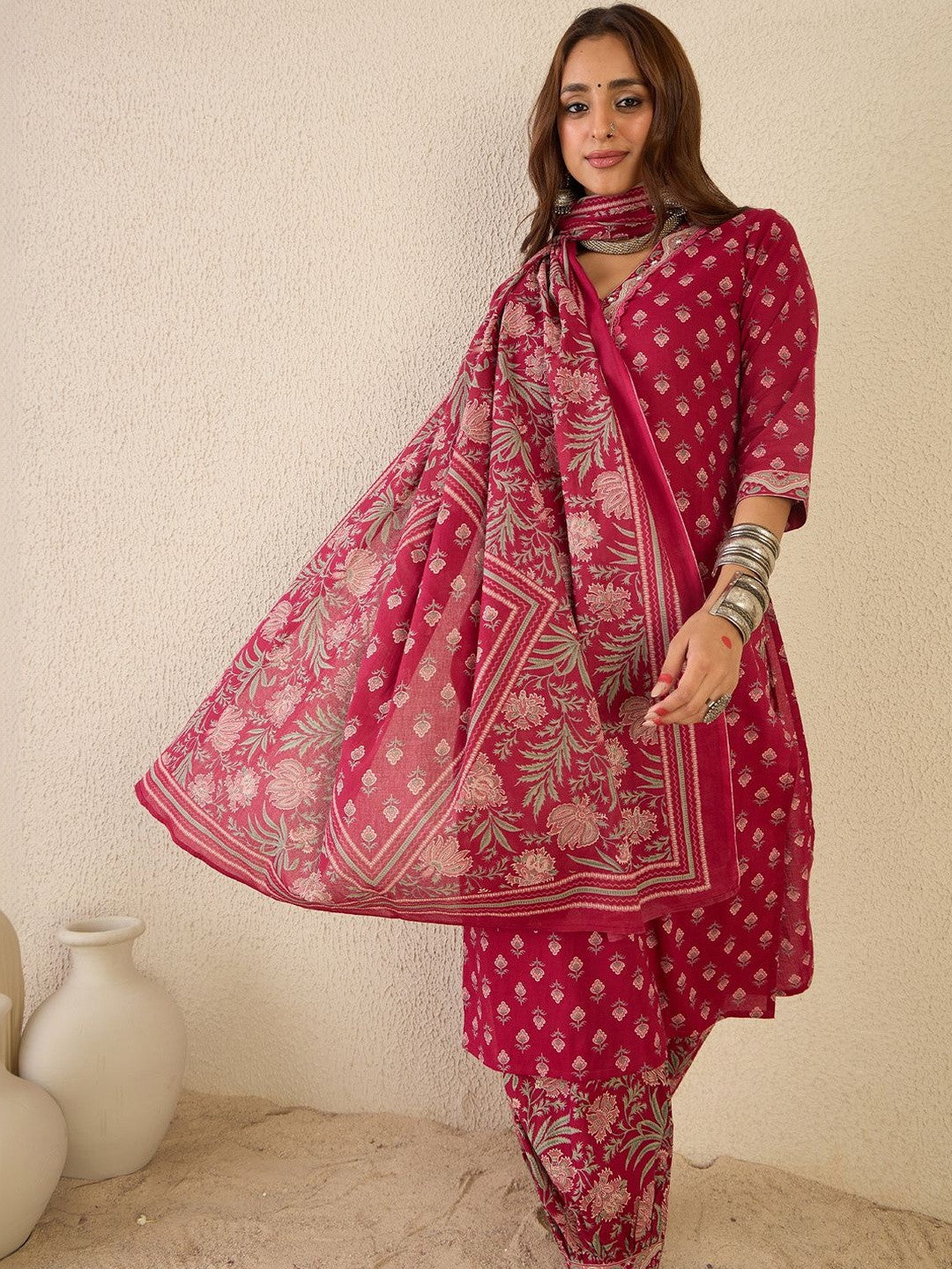 Women Ethnic Motifs Printed Regular Beads and Stones Pure Cotton Kurta with Patiala & With Dupatta