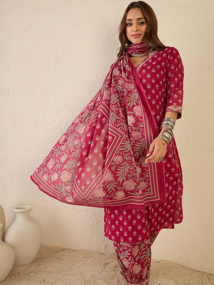 Women Ethnic Motifs Printed Regular Beads and Stones Pure Cotton Kurta with Patiala & With Dupatta