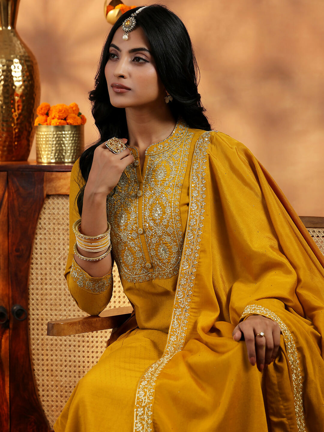 Women's LB Mustard Yoke Design Silk Blend A-Line Kurta With Palazzos & Dupatta