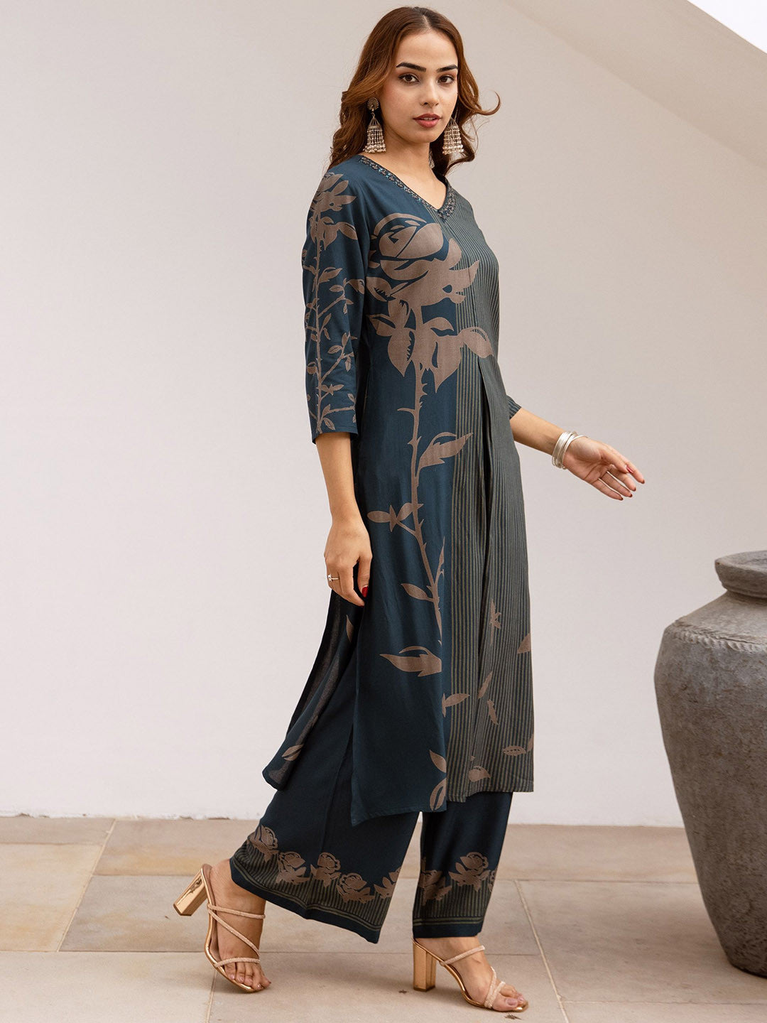 Floral Printed With Embroidered Kurta With Palazzos
