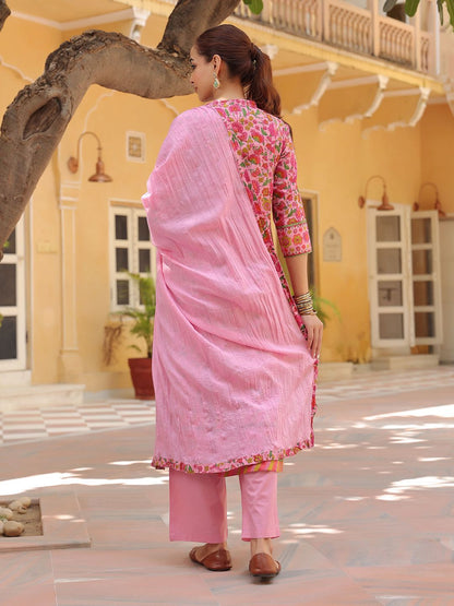 Dhiyona RR Women's Floral Printed Regular Pure Cotton Kurta with Trousers & With Dupatta