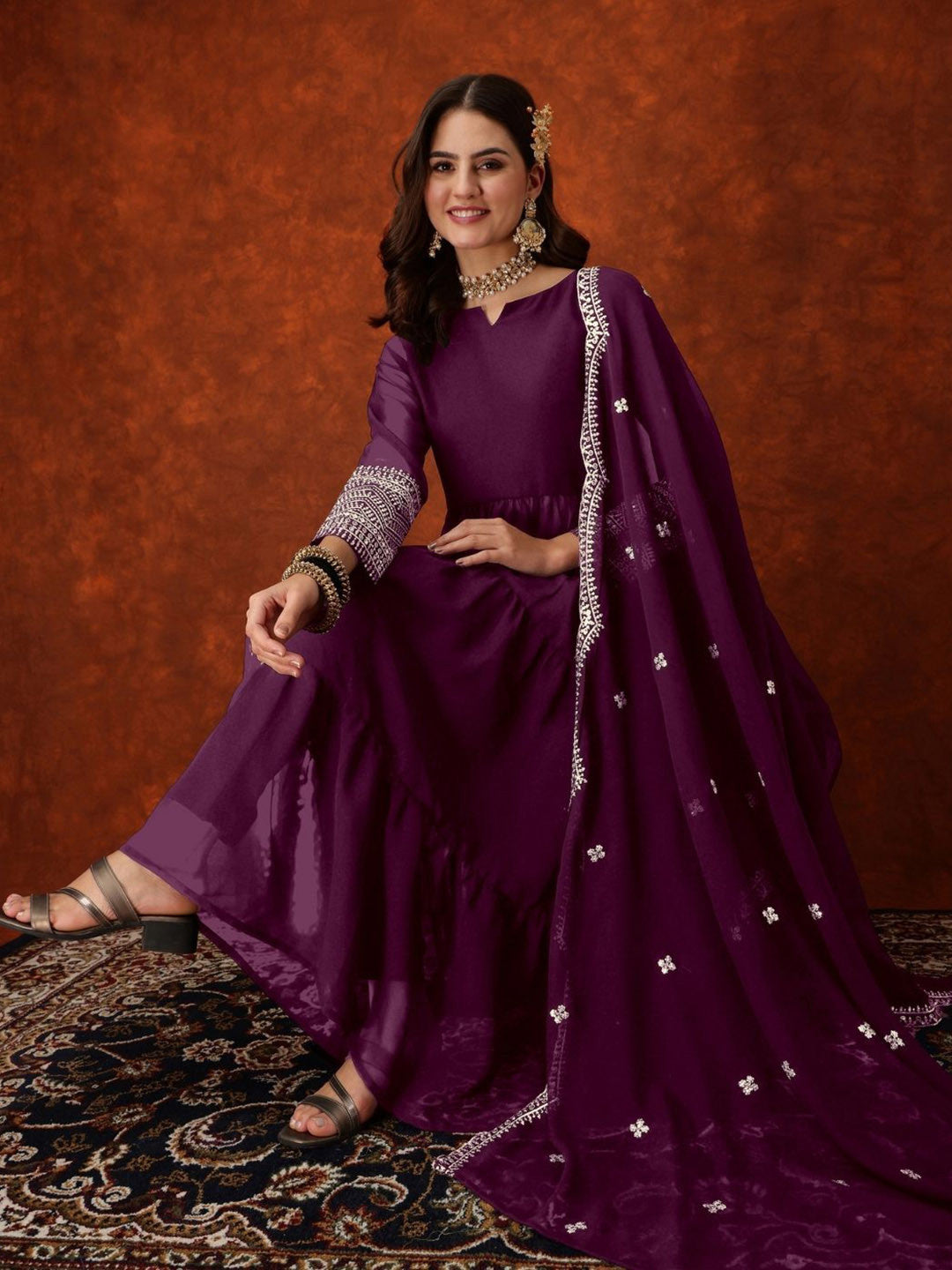 Dhiyona SN Floral Embroidered Anarkali Kurta Trousers With Dupatta
