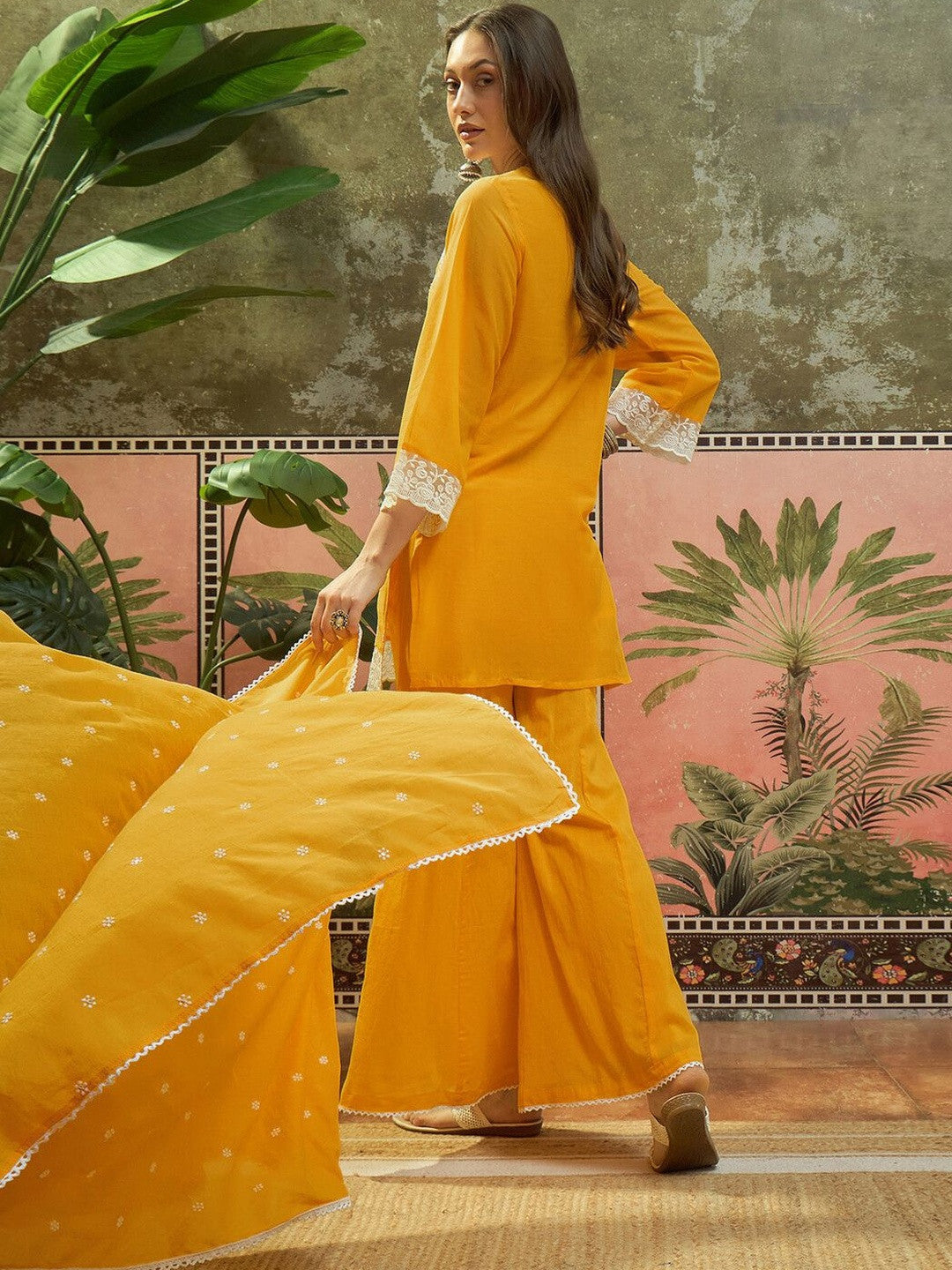 Embroidered Round Neck Kurta & Palazzos With Dupatta