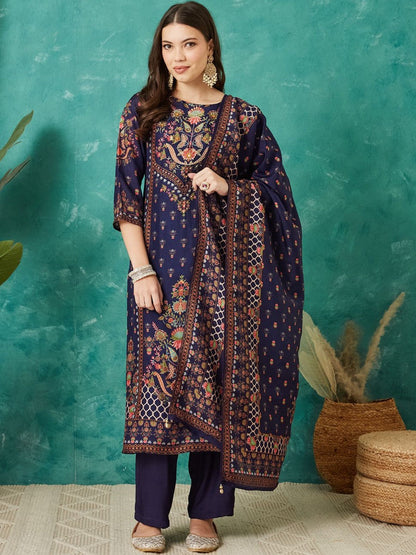 Printed Round Neck Kurta & Trousers With Dupatta