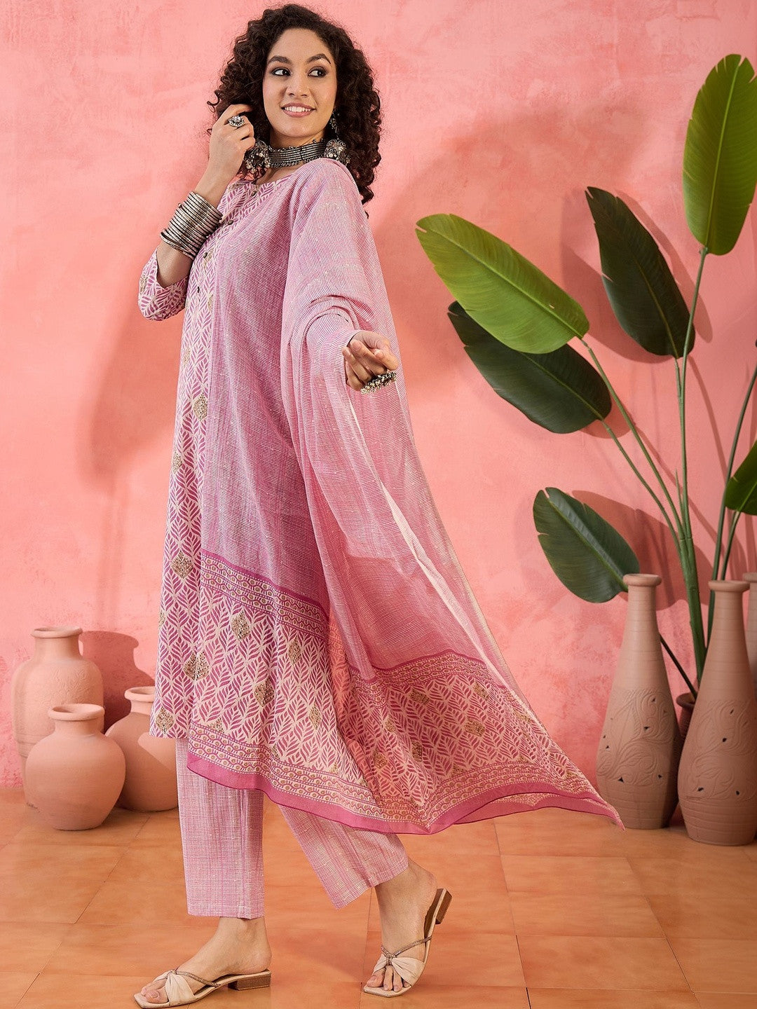 Printed Pure Cotton Round Neck Kurta & Trousers Kurta Sets