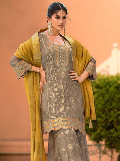 Dhiyona HOP Women Floral Embroidered A-Line Kurta with Sharara & Dupatta