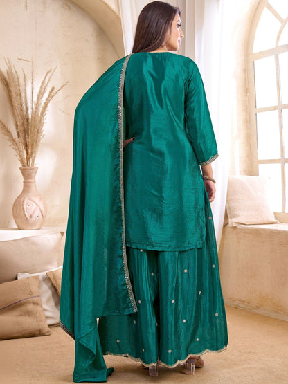 Embroidered Round Neck Kurta & Palazzos With Dupatta
