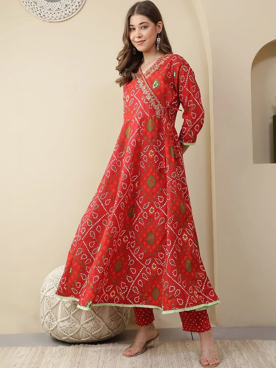 Women Leheriya Printed Angrakha Cotton Kurta with Trousers & Dupatta