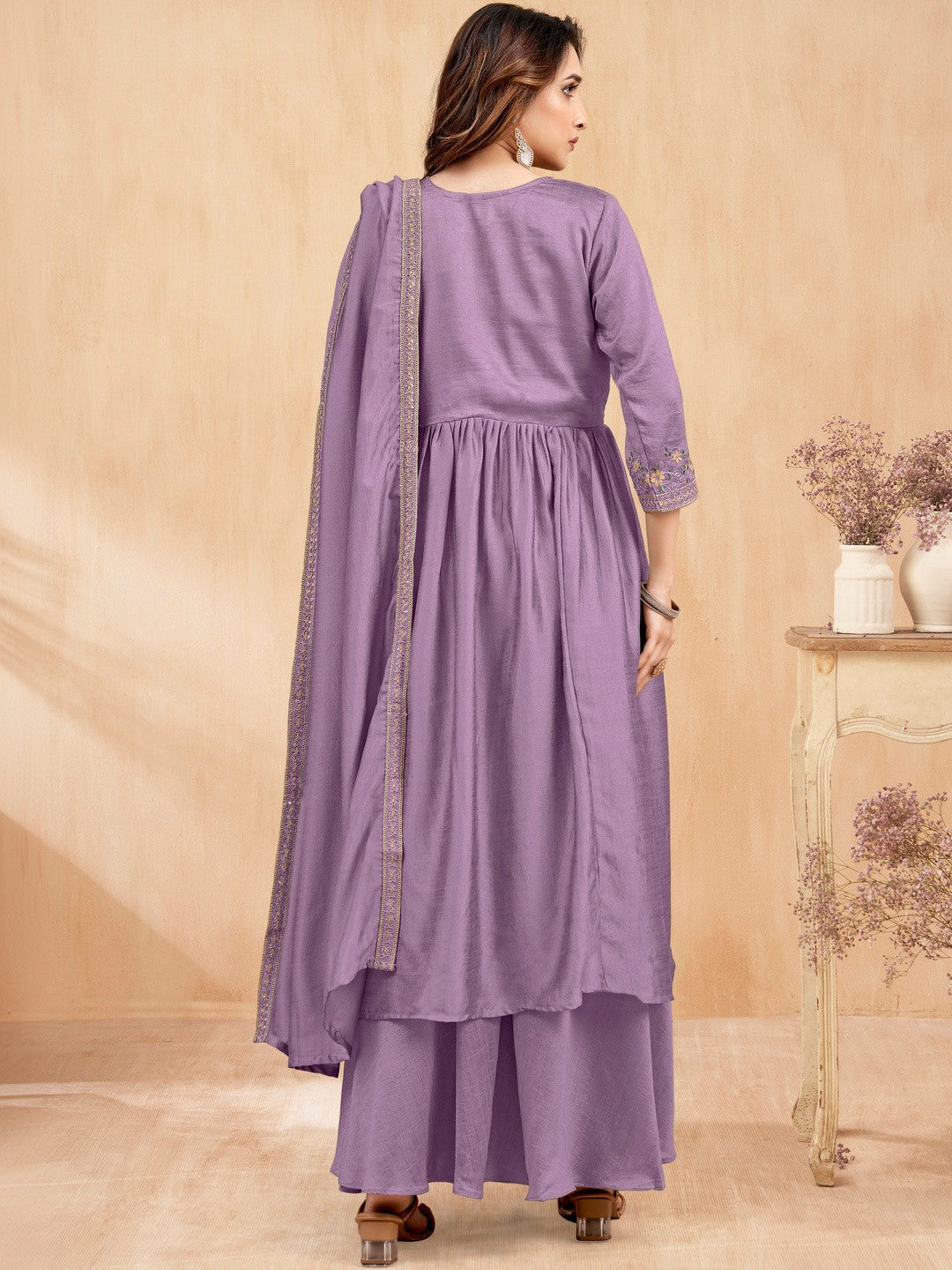 Embroidered V-Neck Kurta Trousers & Dupatta