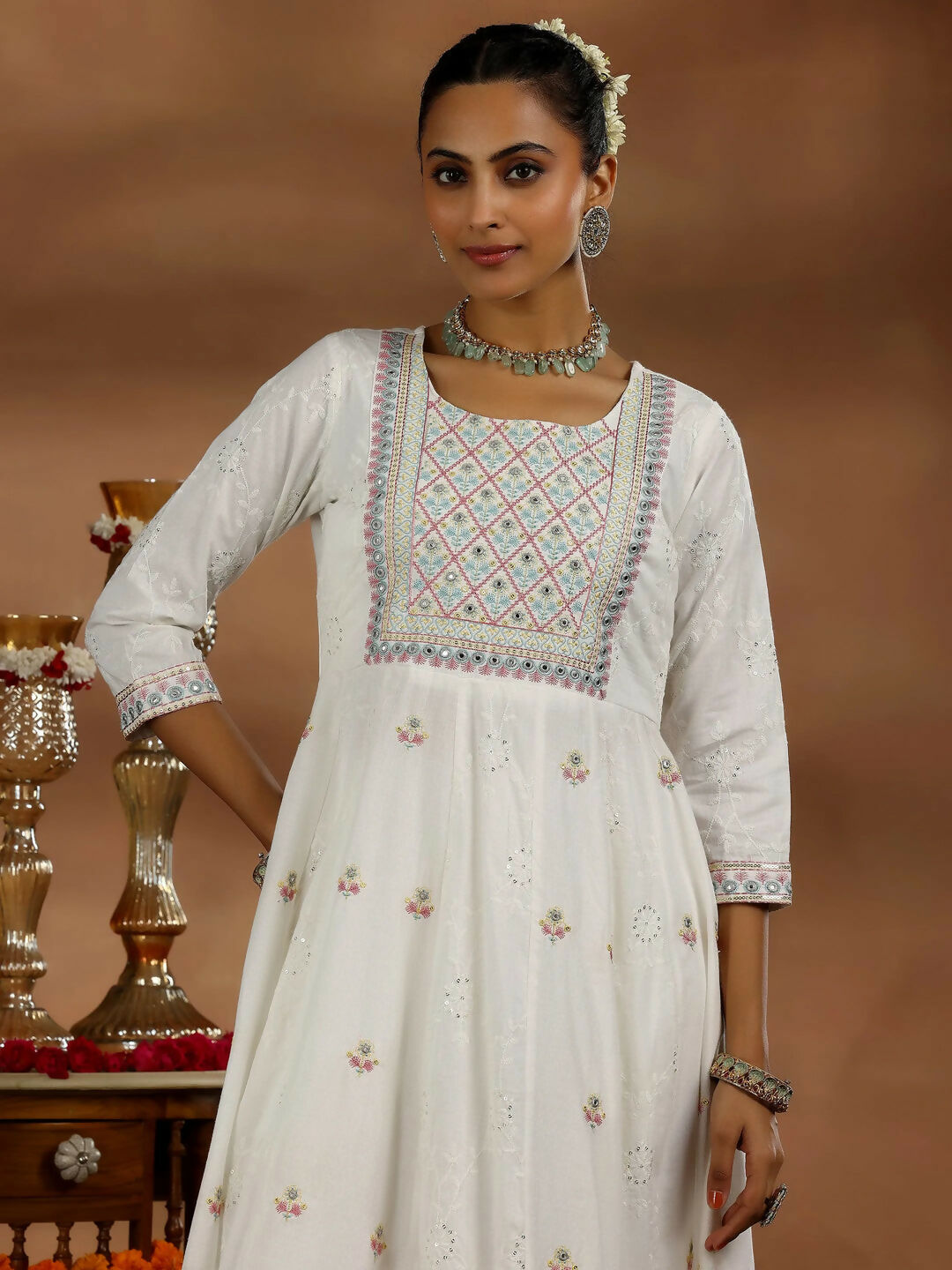 Women's LB White Embroidered Cotton A-Line Kurta With Trousers & Dupatta