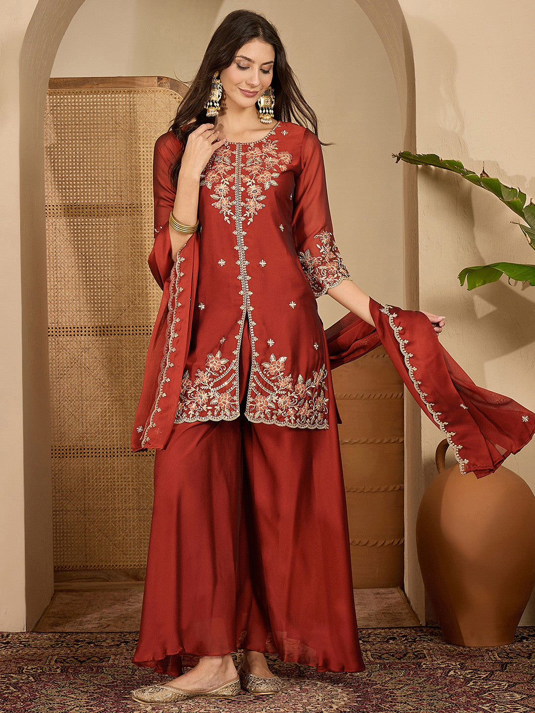 Embroidered Round Neck Straight Kurti & Sharara With Dupatta