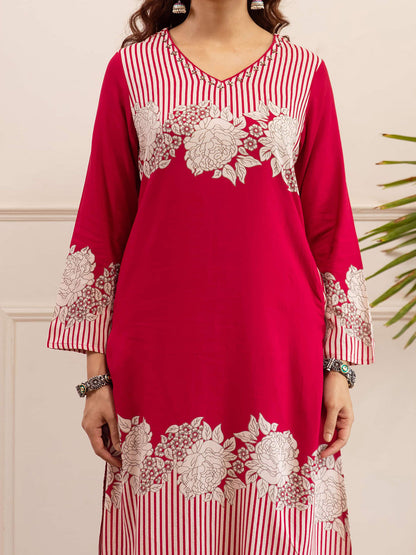 Floral Printed Sequinned V-Neck Straight Kurta & Palazzos
