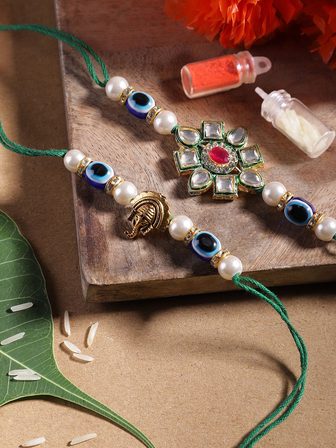 Dhiyona Unisex Set of 2 Beaded Bhai Bhabhi Rakhis With Roli & Chawal