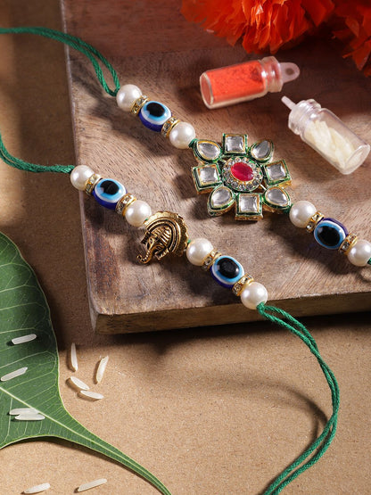 Dhiyona Unisex Set of 2 Beaded Bhai Bhabhi Rakhis With Roli & Chawal