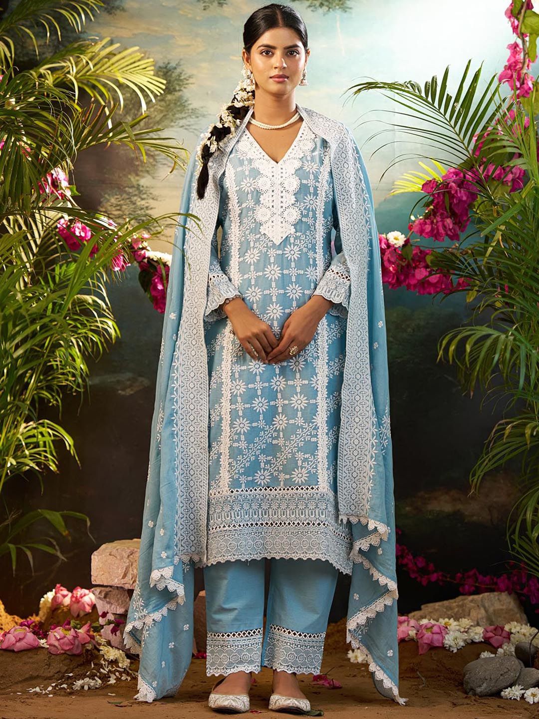 Dhiyona IE Women Ethnic Motifs Embroidered Cotton Kurta with Trousers & Dupatta