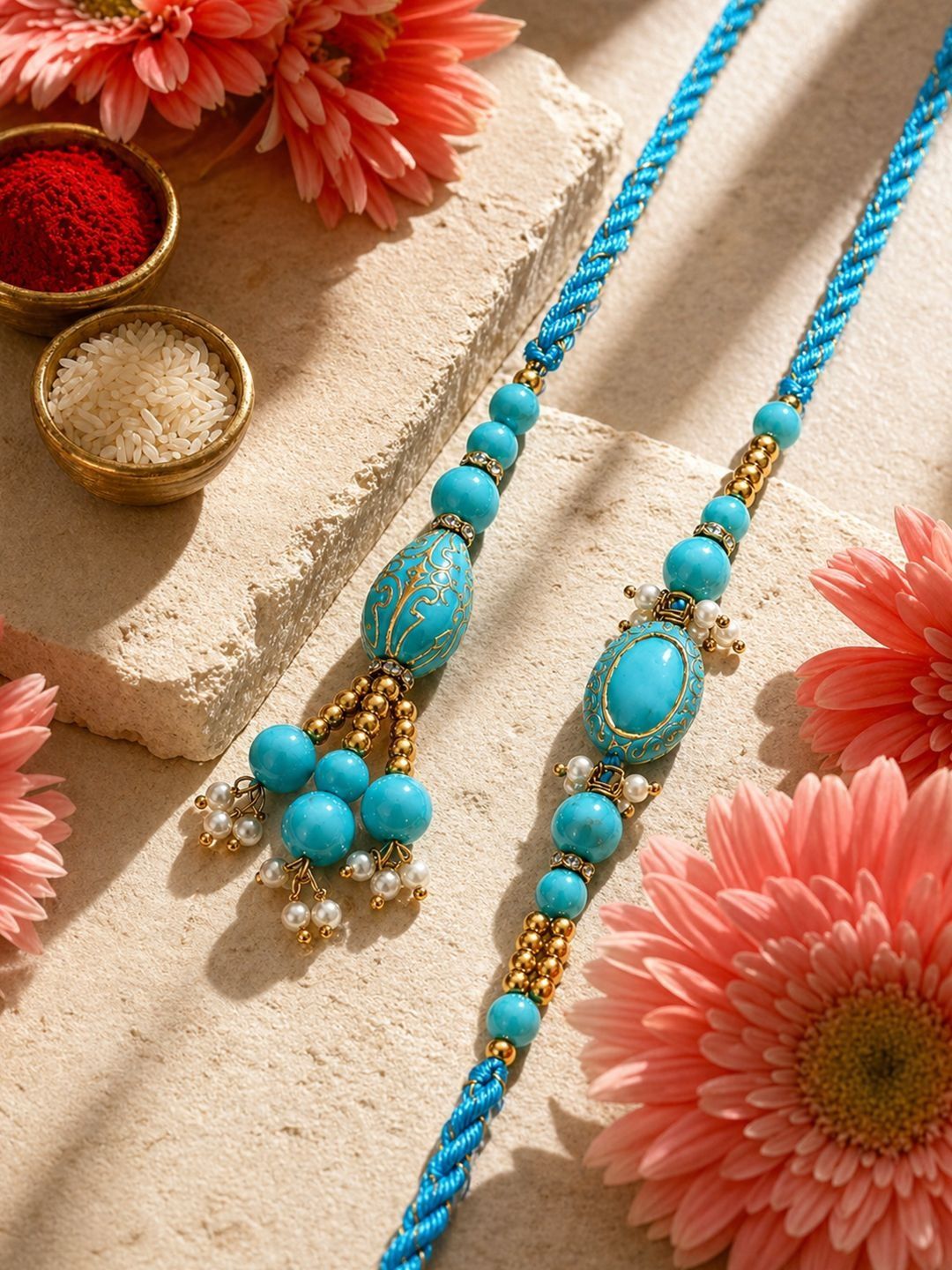 Dhiyona Set Of 2 Turquoise Blue Artificial Beads Bhaiya Bhabhi Rakhi