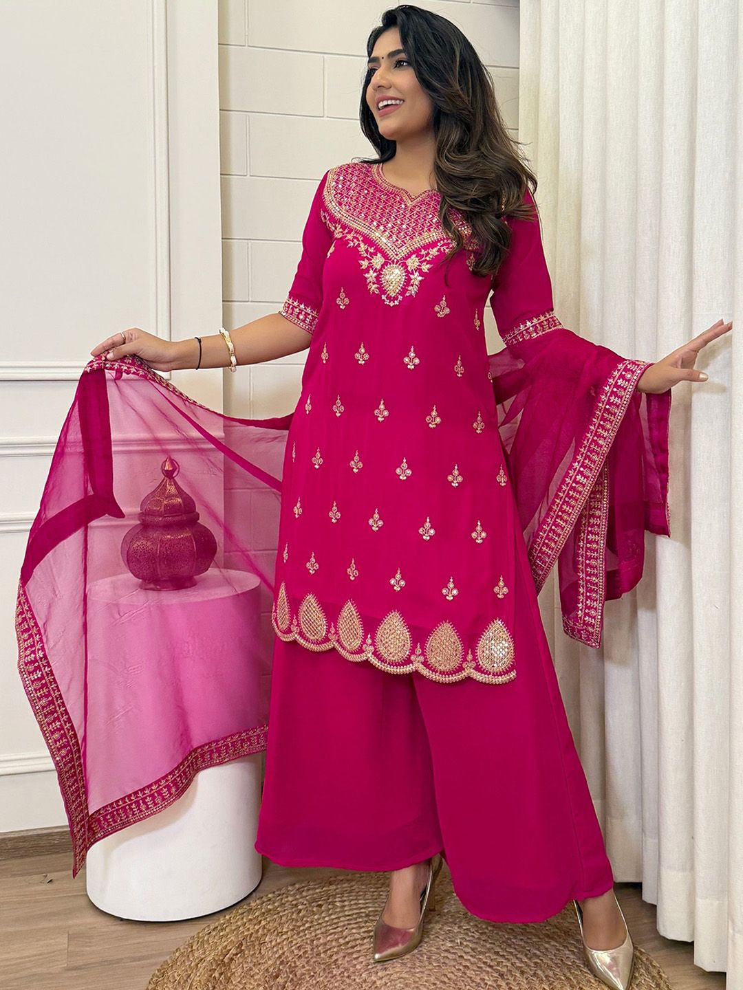 Dhiyona KL Women Floal Embroidered Regular Sequined Kurta With Sharara & Dupatta