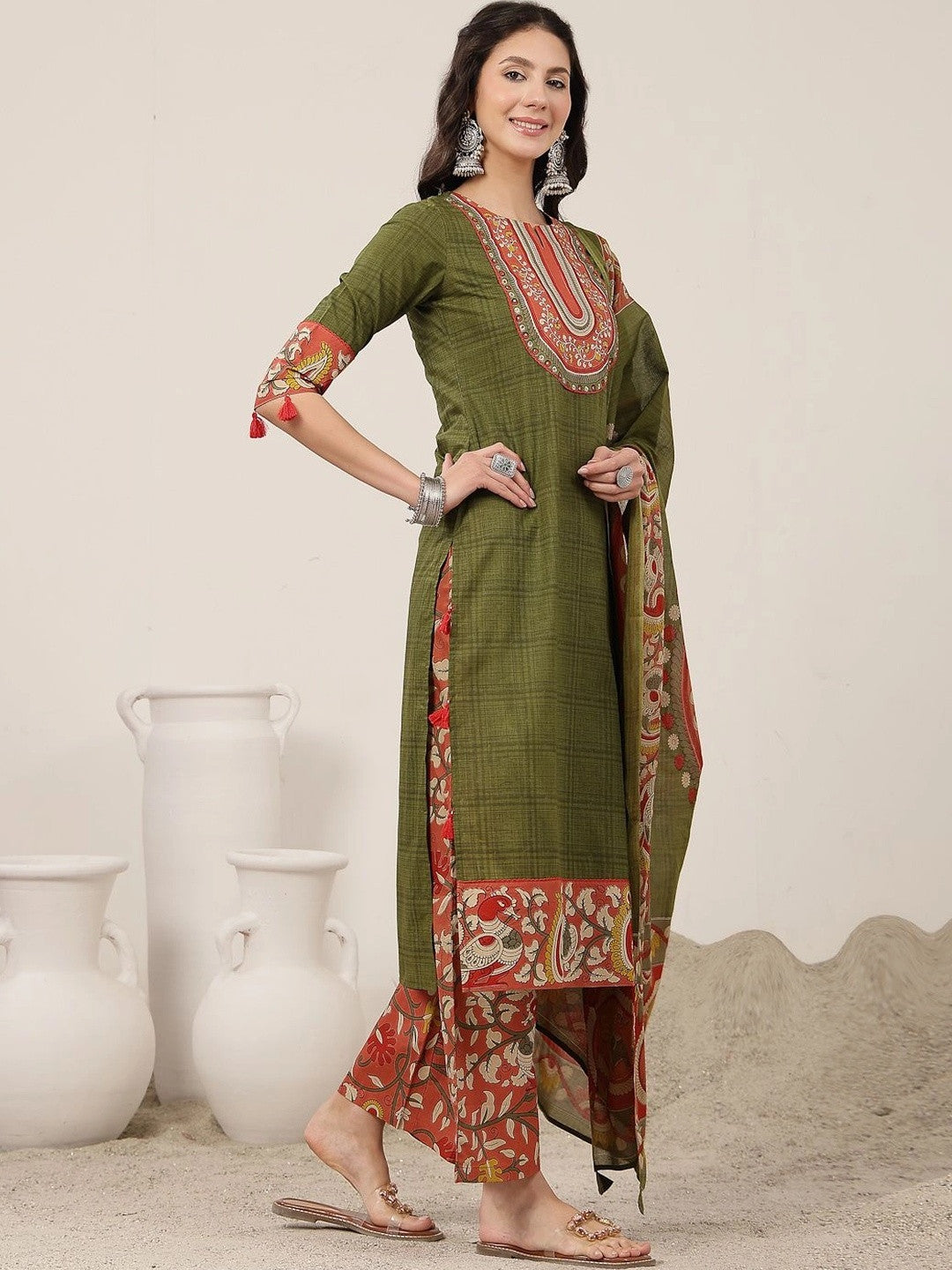 Women Ethnic Motifs Regular Pure Cotton Kurta with Trousers & With Dupatta