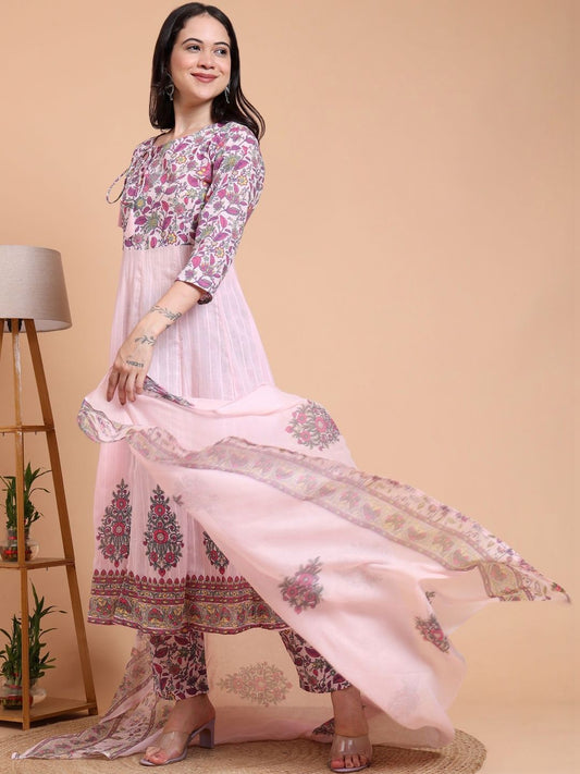 Dhiyona KL Women Floral Printed Regular Pure Cotton Kurta with Trousers & With Dupatta