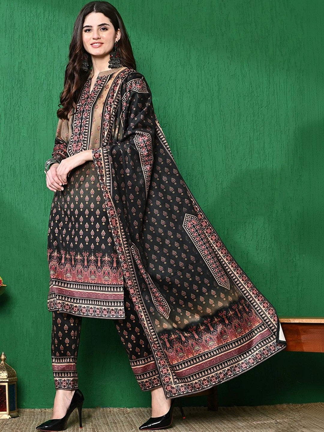 Black & Beige Floral Self Design Winter Velvet Kurta & Trouser With Dupatta