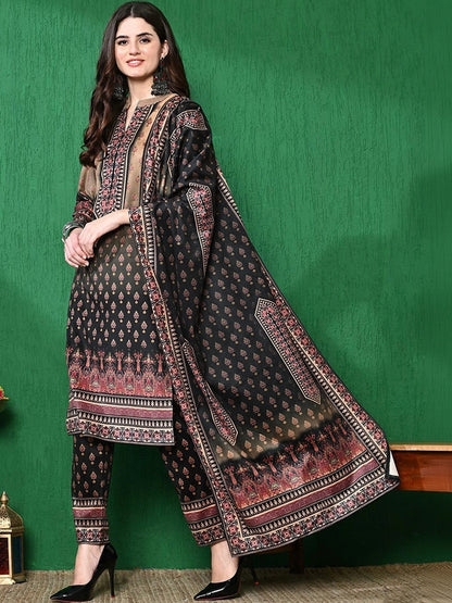 Black & Beige Floral Self Design Winter Velvet Kurta & Trouser With Dupatta