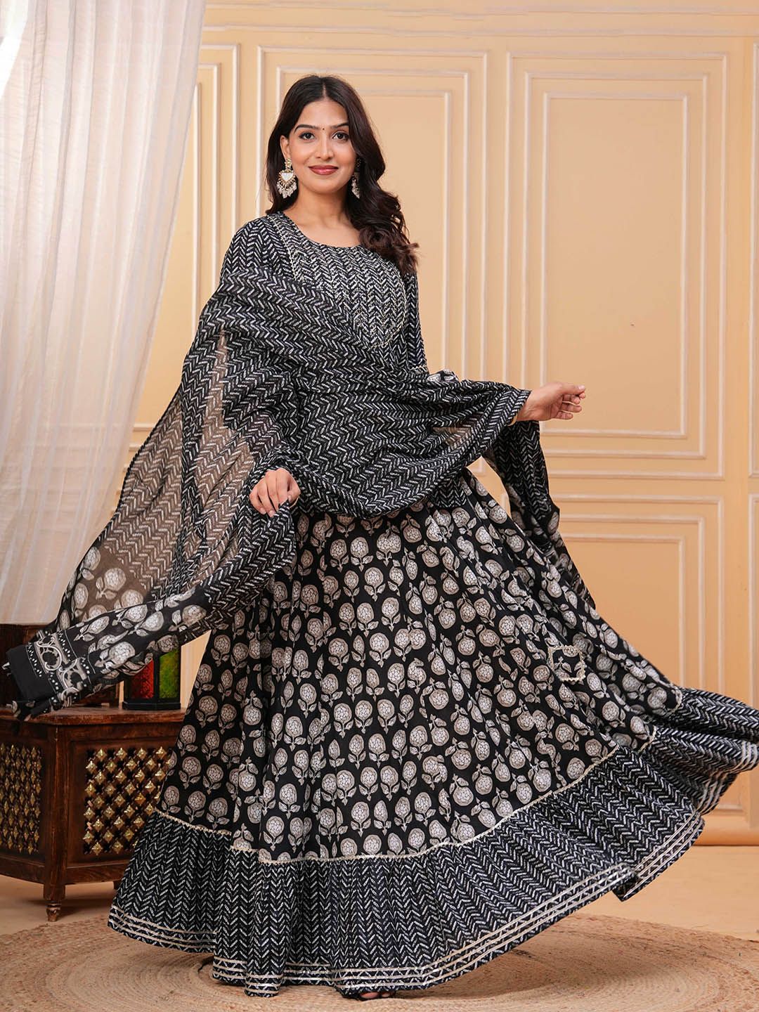 Dhiyona KL Women Ethnic Motifs Printed Cotton A-Line Kurti with Skirt & Dupatta