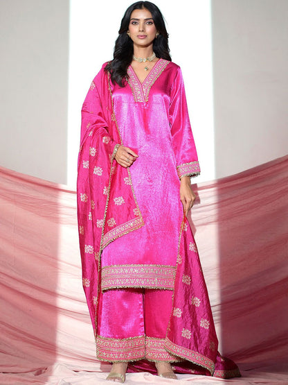 Dhiyona SN Floral Yoke Design V-Neck Sequinned Satin Kurta With Palazzos & Dupatta