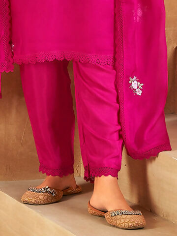 Women's Magenta Embroidered Straight Kurta Trousers With Dupatta set