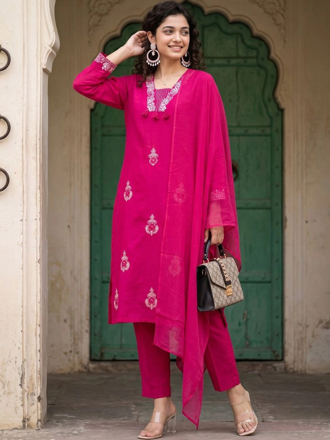 Women Ethnic Motifs Embroidered Regular Thread Work Pure Cotton Kurta with Trousers & With Dupatta