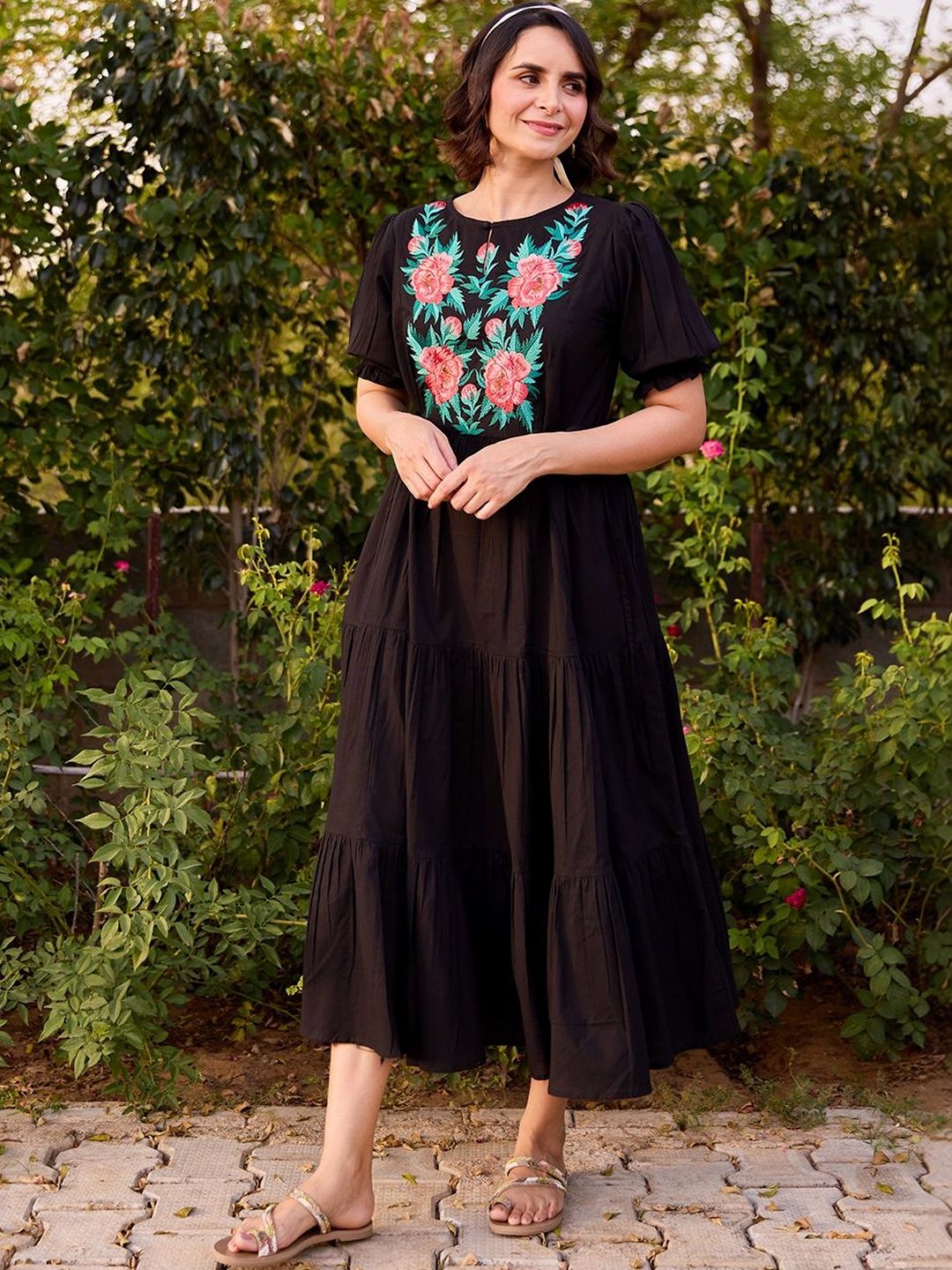 Dhiyona AY Women's Embroidered Round Neck Fit and Flare Ethnic Dresses