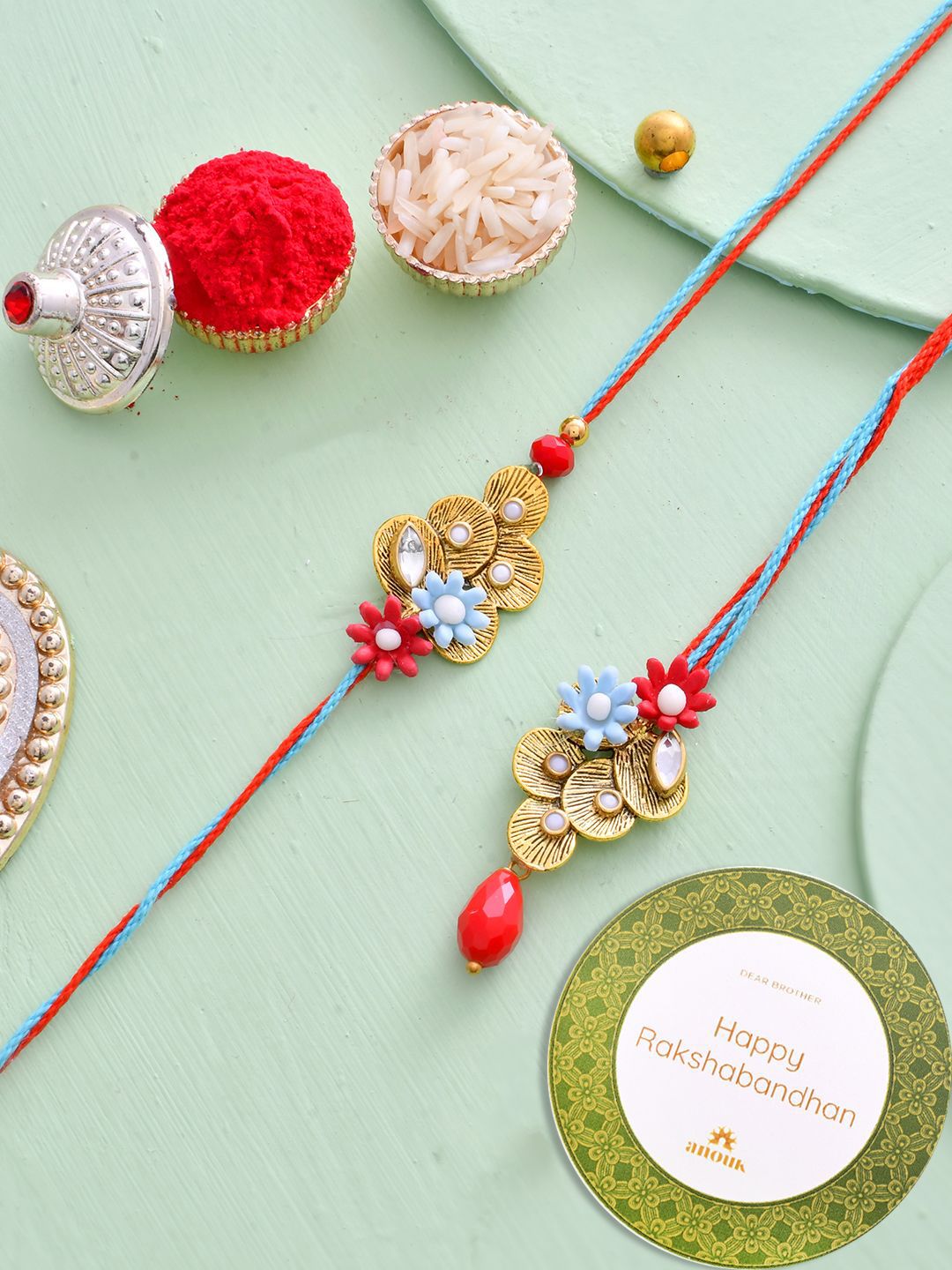 Dhiyona Green Stone-Studded & Beaded Bhaiya Bhabhi Thread Rakhi