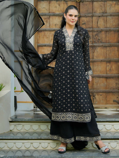 Women's LB Black Printed Georgette Straight Suit With Dupatta