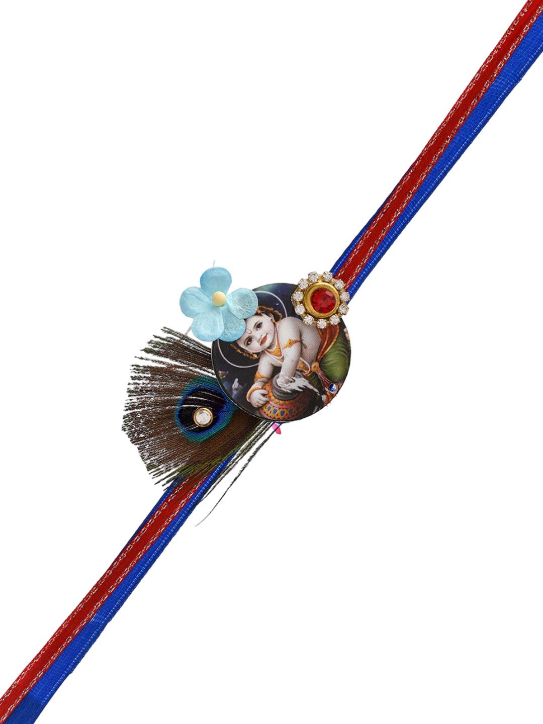 Dhiyona Blue Mor Pankh & Bal Gopal Beaded Rakhi With Roli Chawal & Greeting Card
