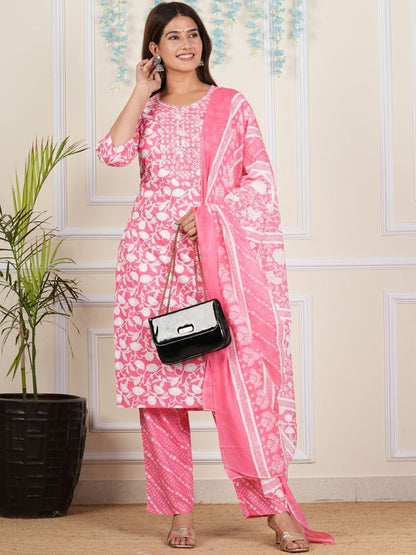 Dhiyona KL Floral Printed Round Neck Mirror Work Kurta With Palazzos & Dupatta