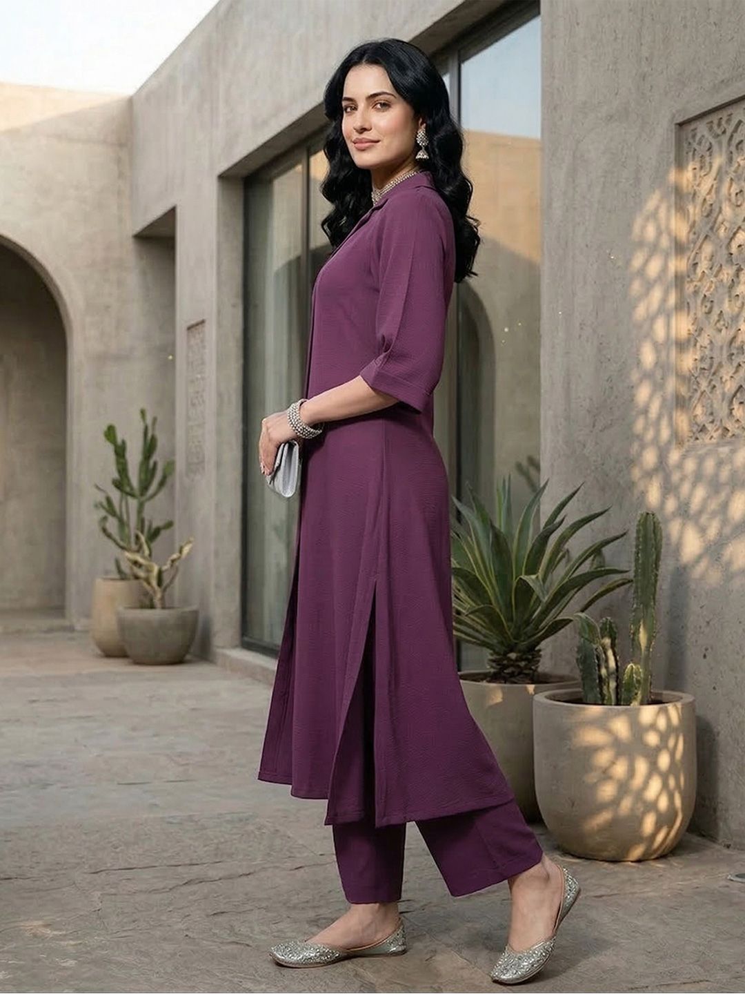 Mauve Notched Lapel Collar Tunic With Trouser Co-Ords