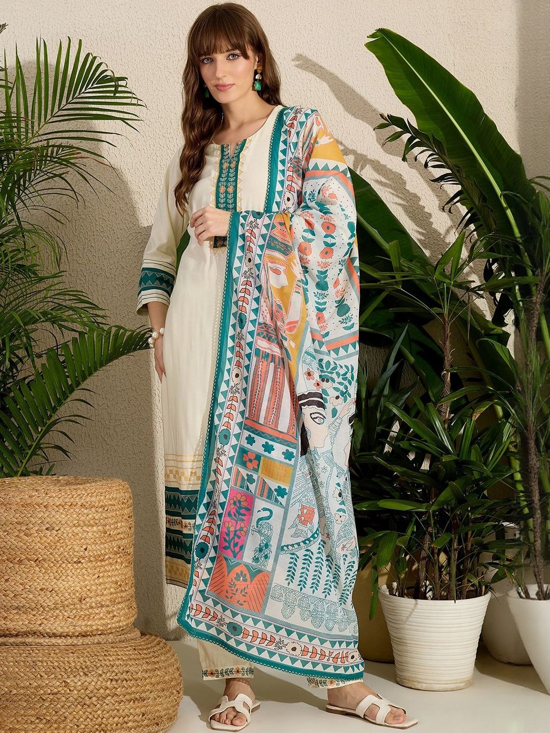 Dhiyona IE Women Ethnic Motifs Embroidered Regular Kurta with Trousers & With Dupatta