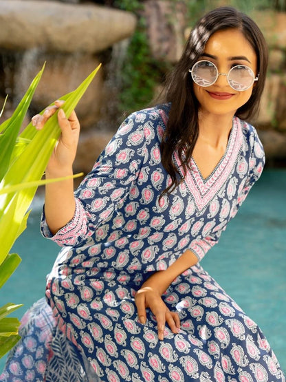 Dhiyona KL Women Navy Blue Pure Cotton Kurta Sets