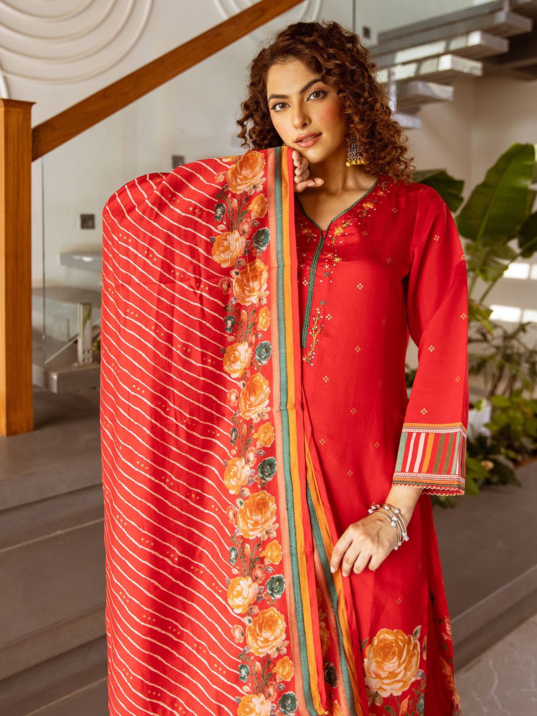 Dhiyona SN Printed & Embroidered V Neck Kurta, Palazzo & Dupatta Set