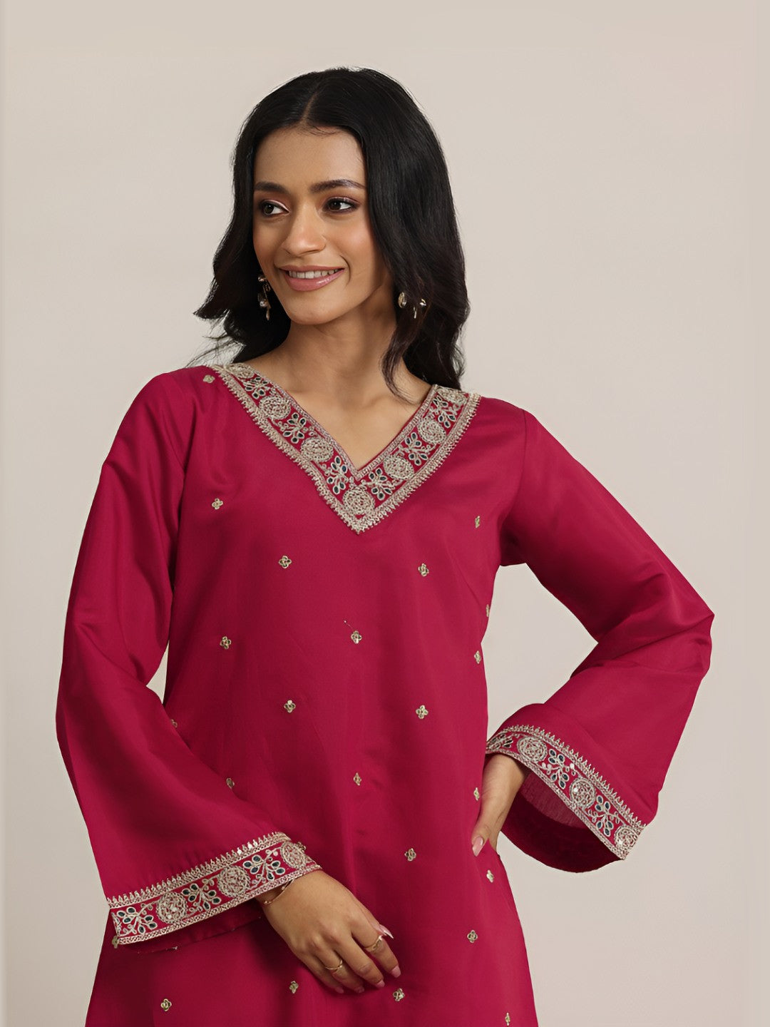 Ethnic Motifs Embroidered V-Neck Straight Kurta With Trousers & Dupatta
