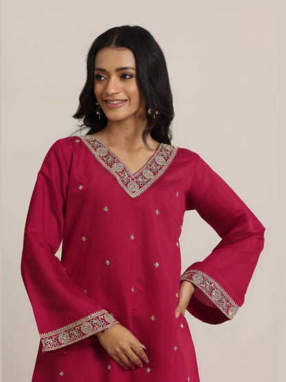 Ethnic Motifs Embroidered V-Neck Straight Kurta With Trousers & Dupatta