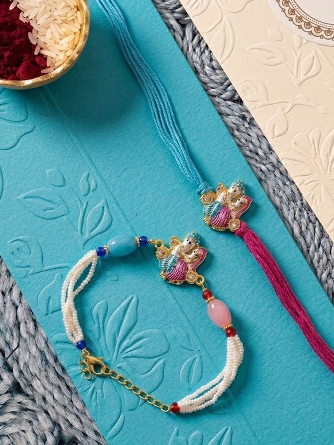 Dhiyona Set Of 2 Artificial Beads Radha Krishna Bhaiya Bhabhi Rakhi With Roli Chawal Chandan