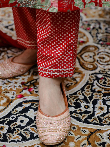Floral Printed Beads & Stones Anarkali Kurta & Trouser With Dupatta