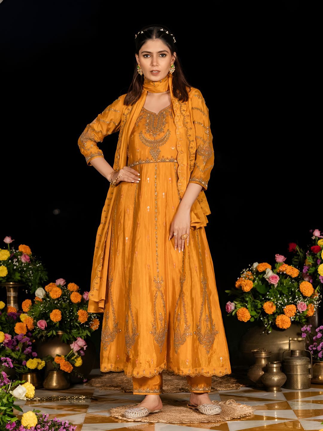 Dhiyona CH Ethnic Motifs Embroidered Zari Anarkali Kurta with Trousers & Dupatta