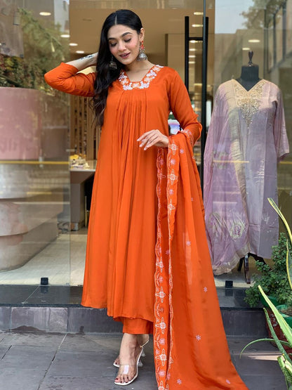 Dhiyona KL Floral Embroidered Anarkali Kurta with Trousers & Dupatta