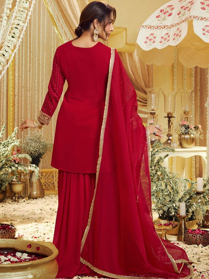 Dhiyona IN Women Ethnic Motifs Embroidered Regular Thread Work Kurta with Sharara & With Dupatta