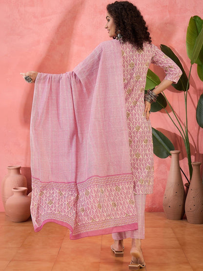Printed Pure Cotton Round Neck Kurta & Trousers Kurta Sets